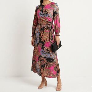 Vilagallo Boho Paisley Long Sleeve Satin Maxi Dress Size 42 Boho Dopamine Retro